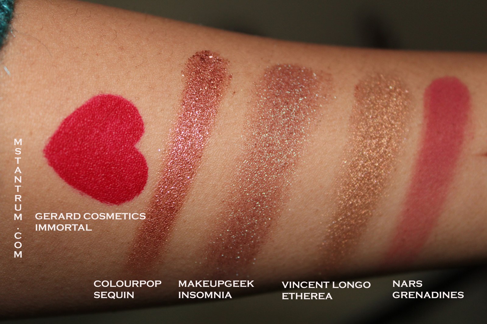 Swatches of Gerard Cosmetics Immortal, COlourpop sequin, Makeup geek Insomnia, Vincent Longo cosmetics Etherea