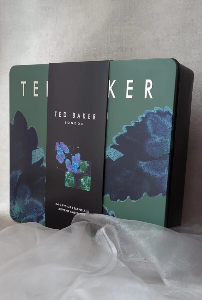 Ted Baker 24 Days of Essentials Advent Calendar 2025 in reusable green and gold tin – men’s grooming advent calendar available at Boots UK.