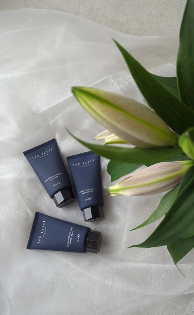 Selection of Ted Baker men’s skincare and grooming essentials from the 2025 advent calendar – moisturiser, cleanser, and shaving accessories.