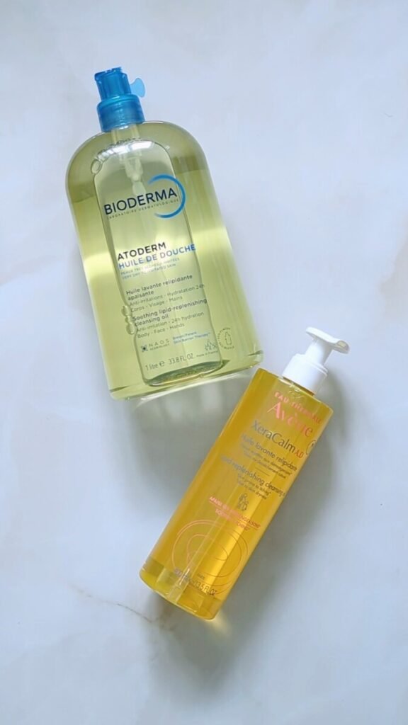 French pharmacy shower oils Bioderma Atoderm and Avène Xeracalm for sensitive and eczema-prone skin.